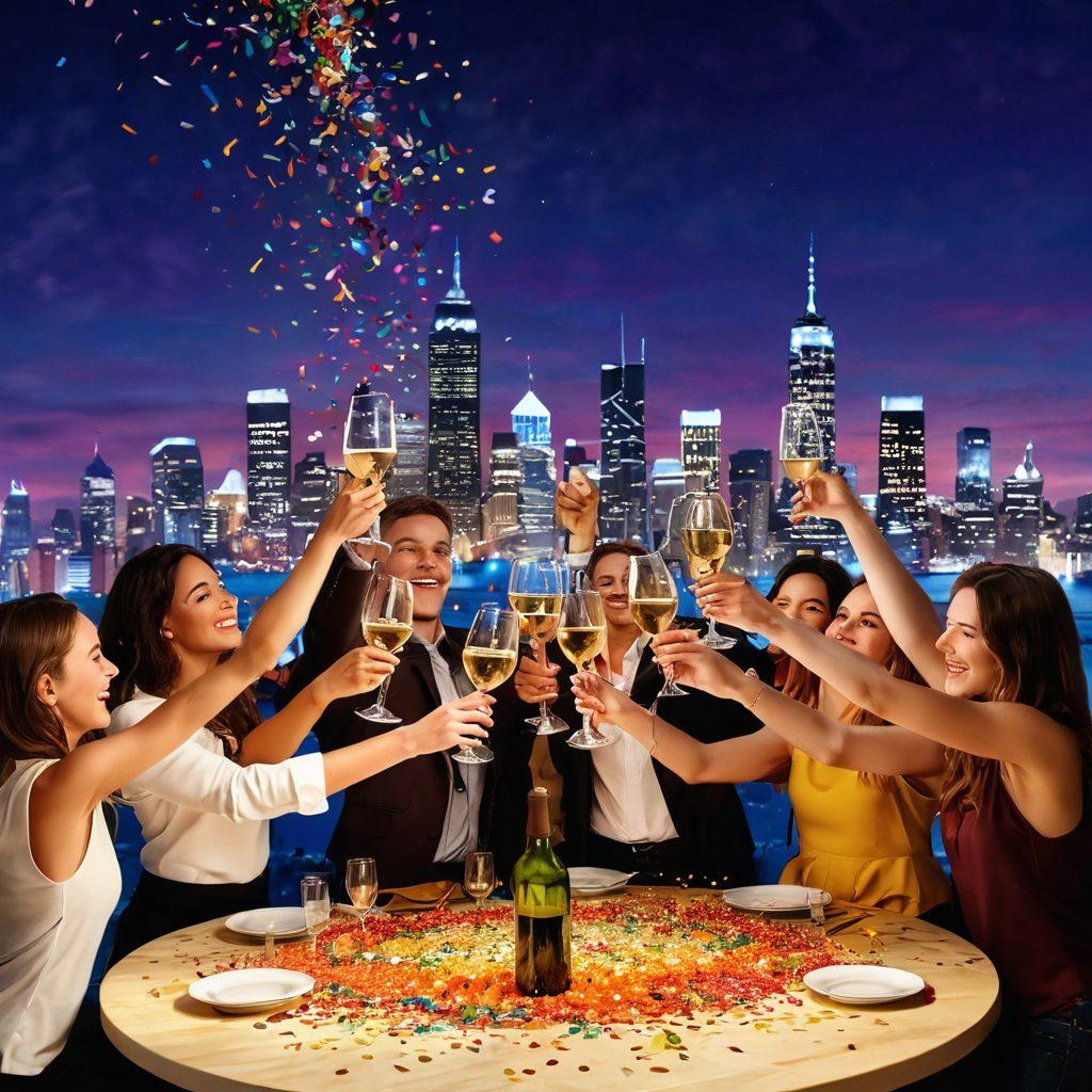 A joyful celebration scene with a diverse group of friends clinking glasses of wine, colorful confetti falling around them. The backdrop features a sparkling cityscape at dusk, symbolizing victory and happiness. Add a table adorned with delectable snacks and elegant wine bottles, conveying a sense of abundant festivity. super-realistic. vibrant colors. warm lighting.