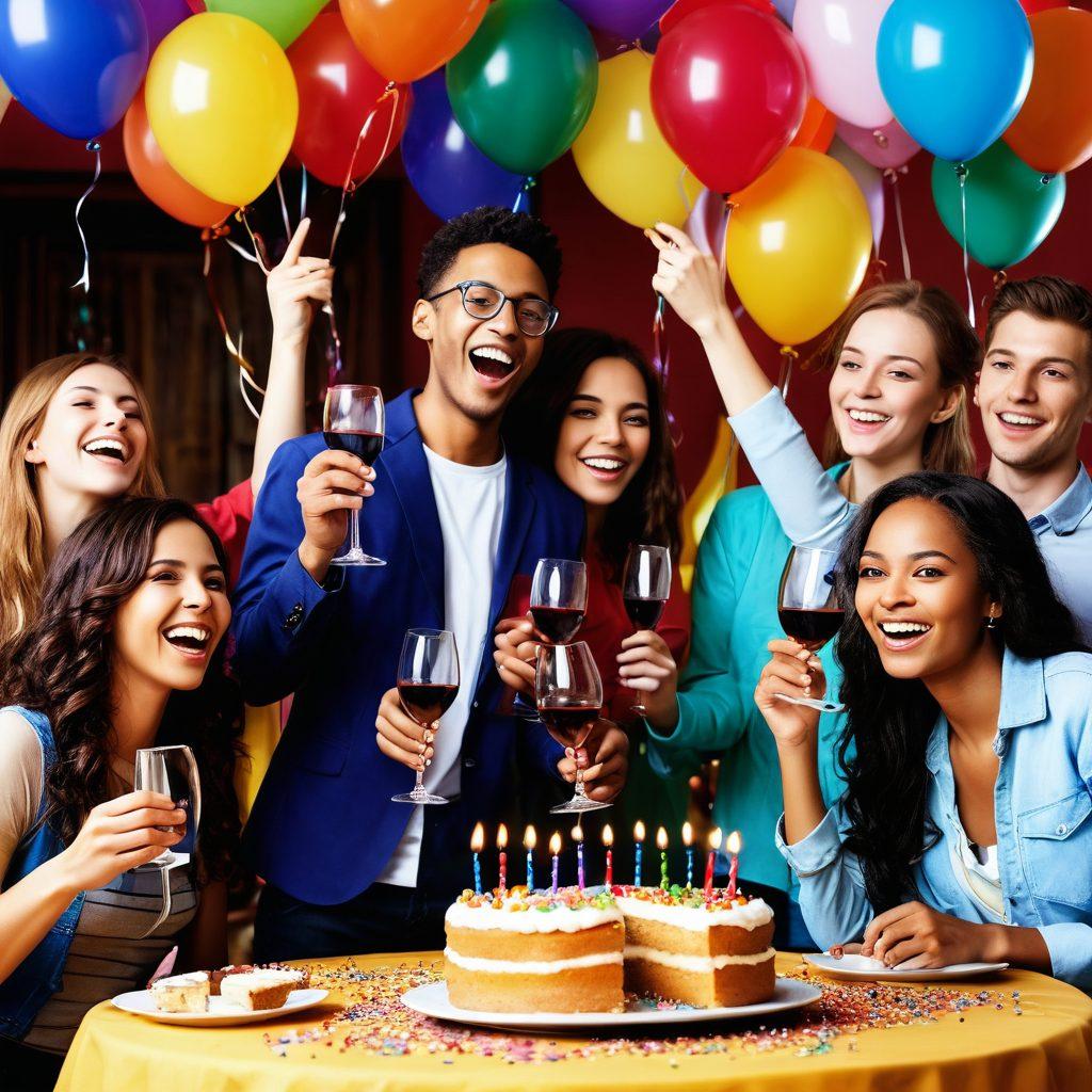 A jubilant group of diverse young adults raising glasses of wine in a joyful celebration, surrounded by colorful balloons and festive decorations, with an open bottle of wine and a celebratory cake in the foreground. The scene captures the essence of happiness and achievement after exam results, set against a warm and inviting backdrop. vibrant colors. super-realistic. upbeat atmosphere.