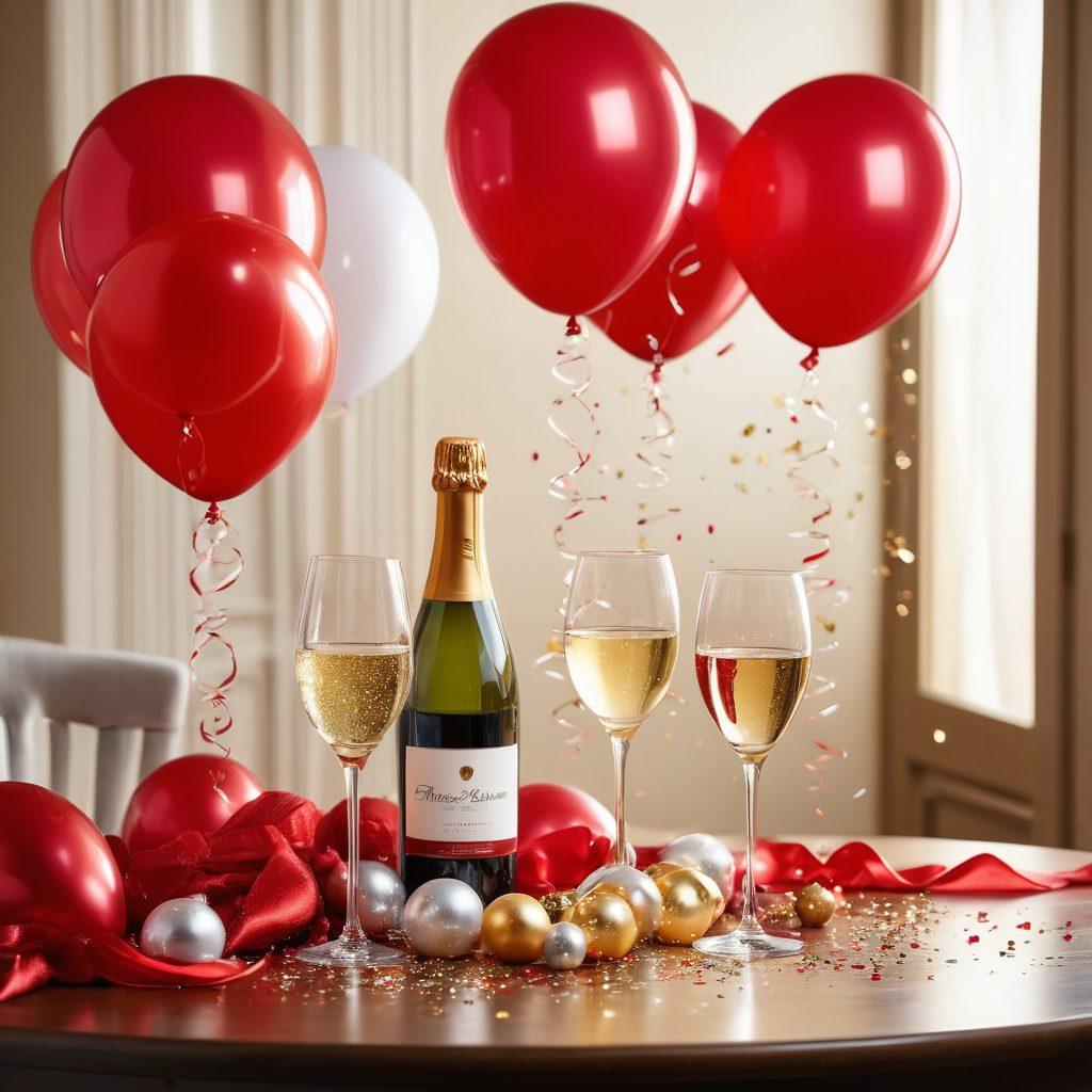 A festive scene celebrating achievement with a table adorned with red, white, and sparkling wines in elegant glasses. Include confetti and vibrant balloons in the background, creating a joyful atmosphere. Warm golden lighting enhances the ambiance, inviting viewers to share in the celebration. The setting should evoke feelings of happiness and success. super-realistic. vibrant colors. festive ambiance.